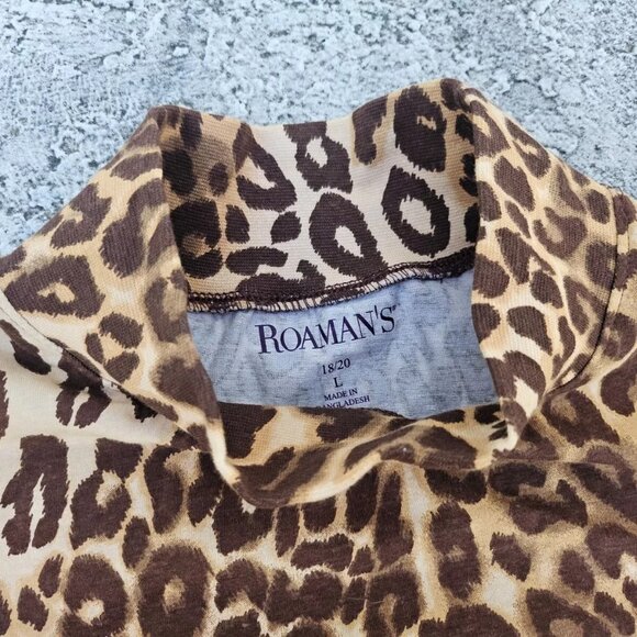 Roaman's Women Top Dress Shirt Turtleneck Animal Print Brown Cotton Size L 18-20 - Picture 3 of 9